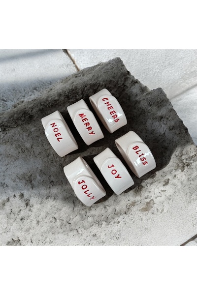 HAB TRADE Set of 6 Christmas Themed Ceramic Napkin Rings Christmas, Joy, Merr...