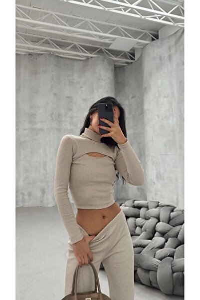 Wear Up Women's Long Sleeve Window Detail Low-Cut Blouse and Wide Leg Pants Two-Piece Set