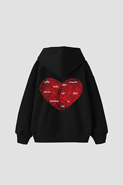 Sekizbiraltı You Make Me Complete Printed Oversized Unisex Black Hoodie