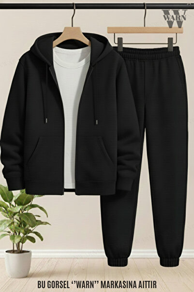 warn Hooded Cardigan Elastic Jogger Leggings Tracksuit Set Unisex Winter/ Transitional 3 Thread Fabric