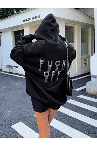Afri Swea tricou – cu pietre aplicate pentru femei, negru, supradimensionat cu glugă – cu inscripția „F*ck Off” – Confortabil și casual cu glugă Ü