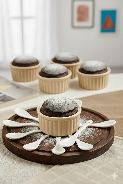 Novazay 6'lı Sufle Ve Kek Kabı ve 6 Porselen Kaşık Seti | Fırında Kullanıma U...