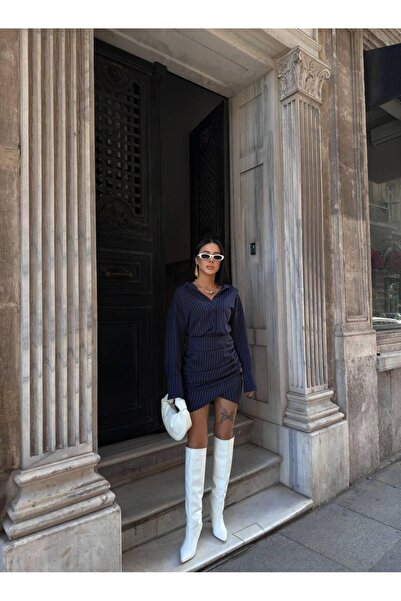 PEMAA Çizgili yan büzgülü double kumaş asimetrik etekli gömlek elbise