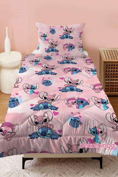 dekomingo لحاف مبطن بنمط ليلو وستيتش باللون الوردي