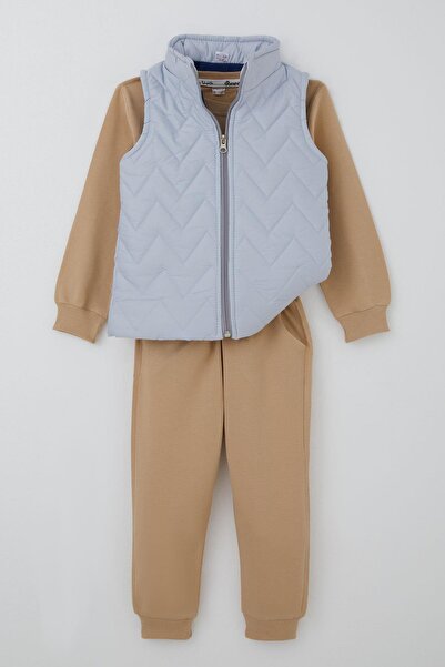 Donino Baby Donino Boys' Tracksuit Set Aslan Printed Zigzag Micro Vest Set 2-5 Years Old, Light Brown