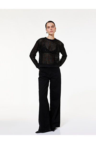 Koton Long Sleeve Crew Neck Glitter Beaded Openwork Sweater