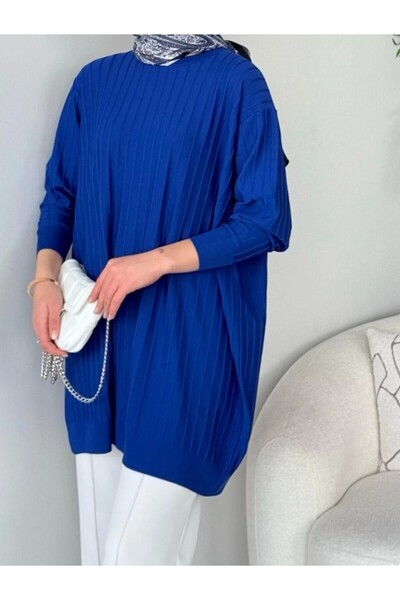 hazelmoda Kadın Soğuk İp Merserize Çizgili Oversize Tunik – Saks Mavisi