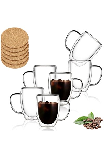 İdeas4comfort Set of 6 double-walled glass mugs with handle, 150 ml, borosilicate, transparent, with 6 cork coaste