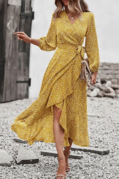 Wear Up Γυναικείο μακρυμάνικο φόρεμα διπλό πέτο με λαιμόκοψη στο πλάι με λεπτ...