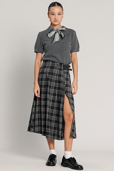 Olcay Slit Flared Plaid Skirt with Belt Detail Dark Gray 7057