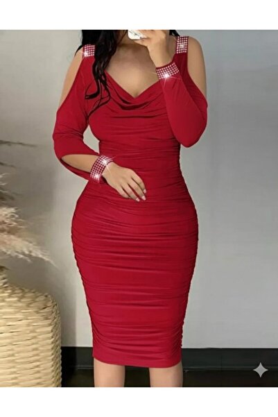 Wear Up Rochie midi Sandy cu mâneci lungi, fără umăr, cu strasuri, decolteu l...