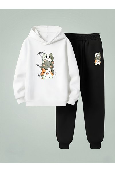 LORVEX Unisex Swea tricou - Set de trening pentru copii cu glugă OVERLAP CATS...