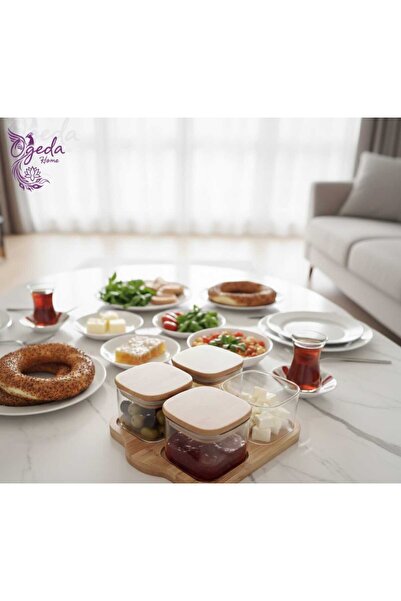 MİEN Bambu Kapaklı 4’lü Cam Saklama Kabı Seti – Kare Kahvaltılık Kavanoz Seti– Cam Baharatlık