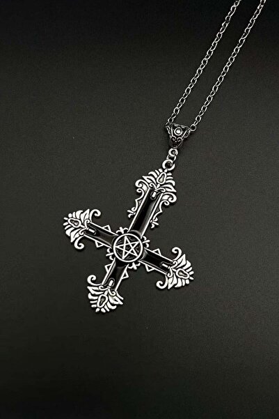 Karakedi Silver Siyah Gotik Cross Pentagram Kolye