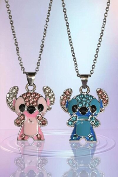 Karakedi Mavi Pembe Kristal Taş Detaylı Lilo & Stitch Couple Kolye