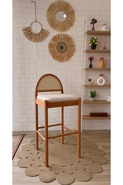 silla Concept Nova Bar Sandalyesi Teddy Krem Kumaş Hasırlı Naturel Ahşap Ada Sandalye