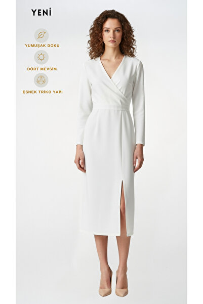 FARREN Kadın Beyaz Çapraz V Yakalı Yırtmaçlı Midi Elbise – Bride Fit | Esnek ...