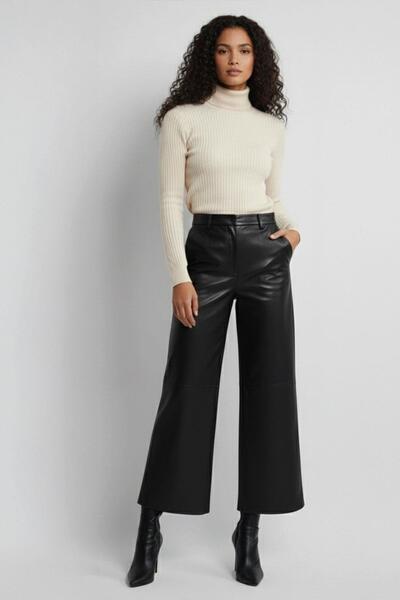 Deriderim Black Genuine Leather Wide Leg Women's Trousers
