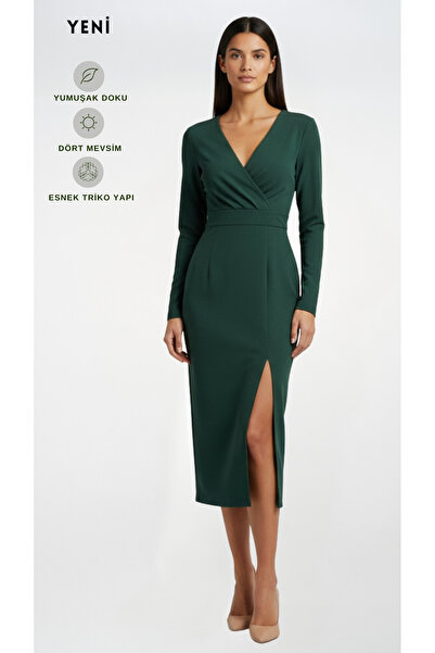 FARREN Women's Green Cross V-Neck Slit Midi Dress – Bride Fit |   Flexible Knitwear Structure |   Elegant Silhouette