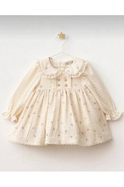 Butik KIZ ÇOCUK %100 PAMUKLU YAKA DETAYLI ÇİÇEKLİ ELBİSE