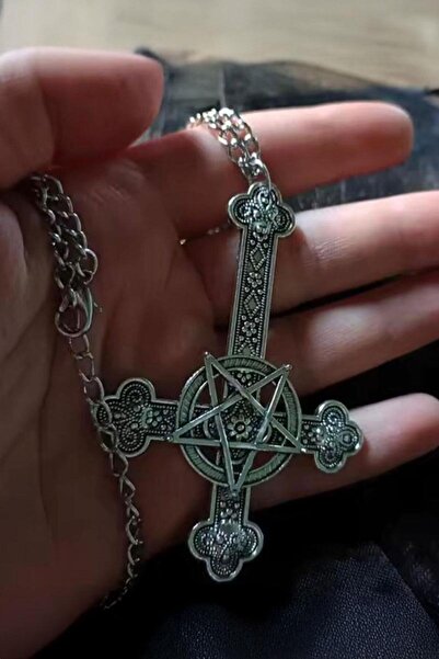 Karakedi Silver Gotik Cross Motifli Pentagram Kolye