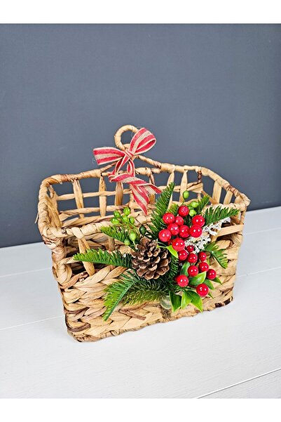 EVİMTATLIEVİM سلة بريد من القش للعام الجديد، حامل صحف، صندوق بريد، زينة للباب، 28 سم