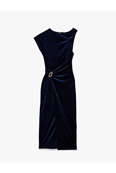 Koton Sleeveless Slit Asymmetrical Double-Breasted Midi Length Velvet Dress with Accessories