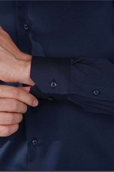 nightblack Slim Fit Uzun Kollu Kolay Ütü Teri Emen Nefes Alan Doku Kravatlık Dört Mevsim Lacivert Erkek Gömlek