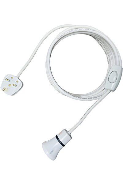 Raco حامل مصباح مع كابل تمديد — حامل إضاءة E27 مع مفتاح، قابس المملكة المتحدة، 10 أمتار، أبيض