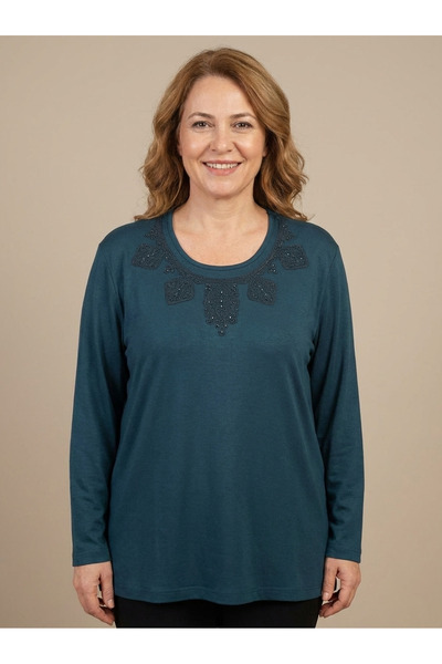 FATELLA Women's Mother Petrol Green Collar Embroidery Detailed Long Sleeve Co...