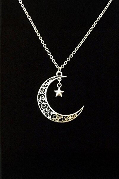 Karakedi Silver Authentic Patterned Crescent Moon Star Necklace