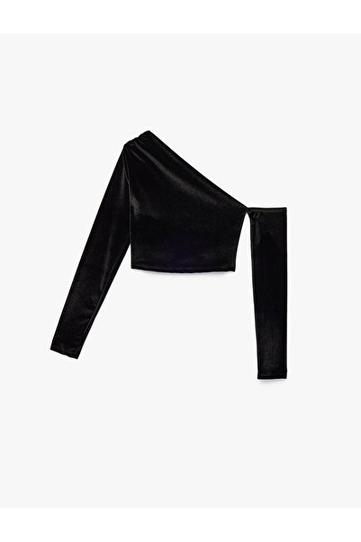 Koton One Shoulder Long Sleeve Asymmetric Neckline Crop Velvet T-Shirt