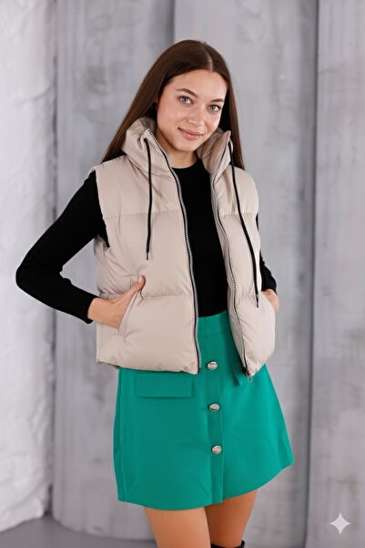 PENGORA Women's Beige Women's Vest Winter Filled New Season