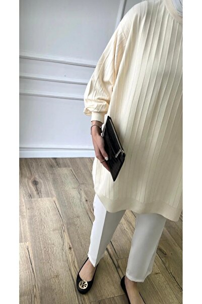 hazelmoda Kadın Soğuk İp Merserize Çizgili Oversize Tunik – Krem