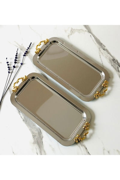 Melinda 2 Adet Gümüş Dikdörtgen Çık GOLD Kulp Detaylı Çay,kahve,ikram Servis ...