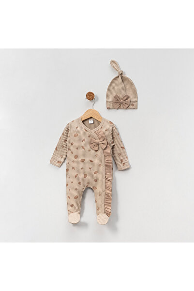 Bellamio Kids Baby Girl Romper with Leaf Patterned Hat and Booties