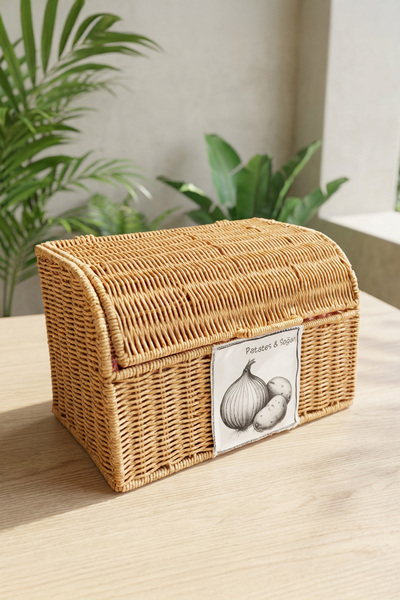 Digithome Dikdörtgen Rattan Hasır Patates Soğan Çift Bölmeli Sepet Düzenleyici Organizer -9T09