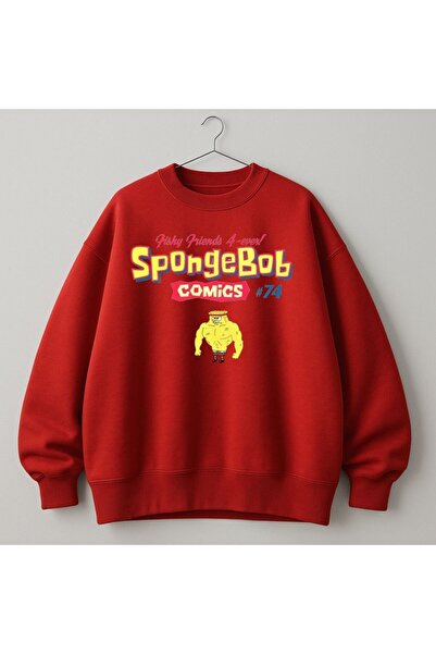 MAYDAY CULTURE Kırmızı Sünger Bob Sponge Bob İki İplik Unisex Sweatshirt Dtf Baskılı Hafif Bol Kesim