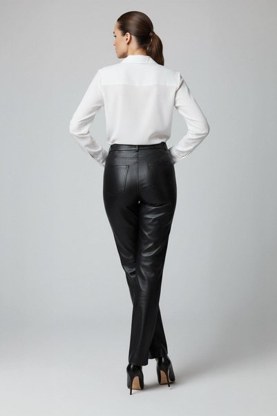 Deriderim Black Lora High Waist Straight Leg Women's Genuine Leather Pants