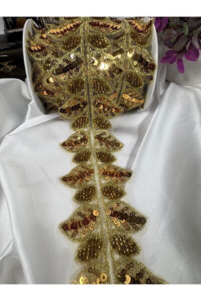 jasmina store gold rengi işlemeli dantel şerit yaprak desenli