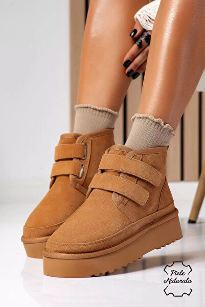 Zaira Κοντές γυναικείες μπότες τύπου Ug με γούνινη επένδυση, από καφέ γνήσιο ...