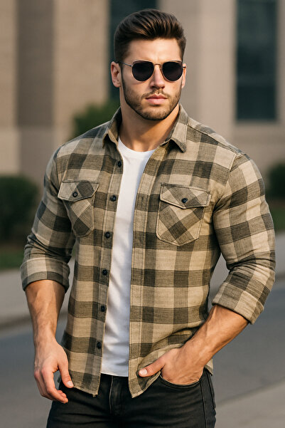 BİGAMTEKSTİL Erkek Çift Cepli Yakası Düğmeli Büyük Beden Oduncu Kışlık Gömlek