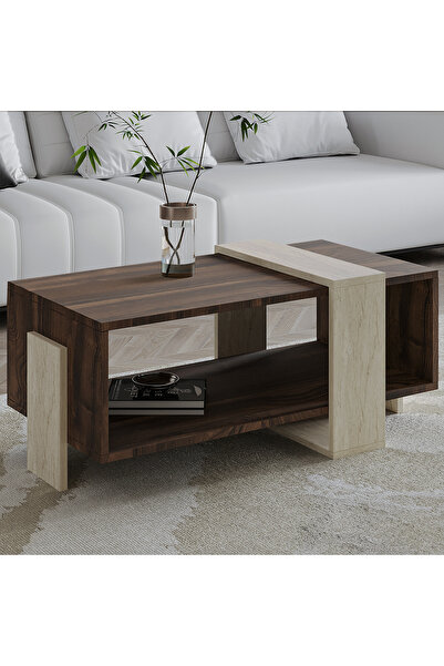 İNARCH DİZAYN Meleni Orta Sehpa – 90 cm Modern Tasarım – Raflı Traverten/Ceviz