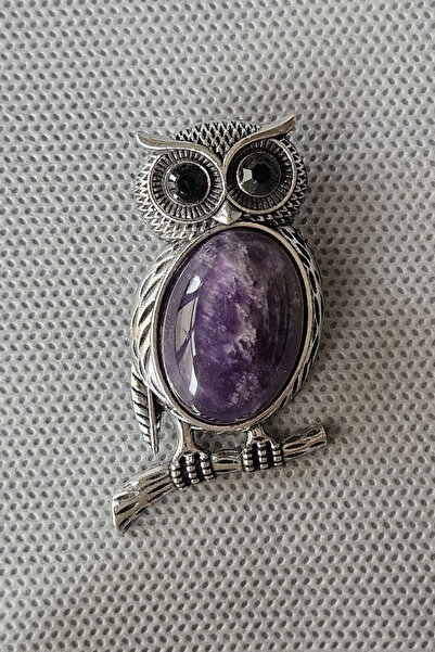 Pozitif Doğal Taş Baykuş Motifi Ametist Broş - Kolye BR10-8