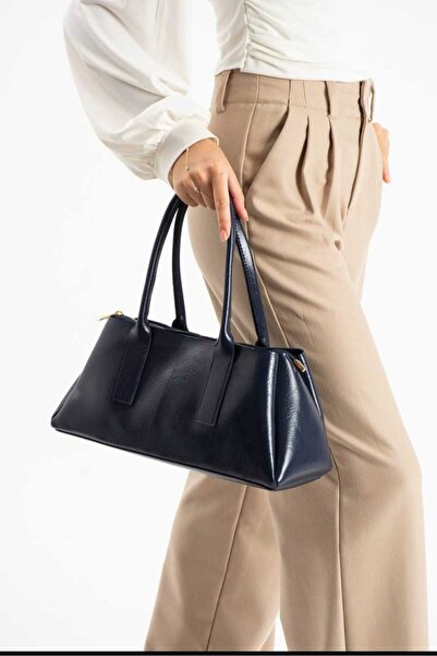 ÖZÜM TAKI Women's Leather Wide Cylinder Arm and Shoulder Bag Navy Blue