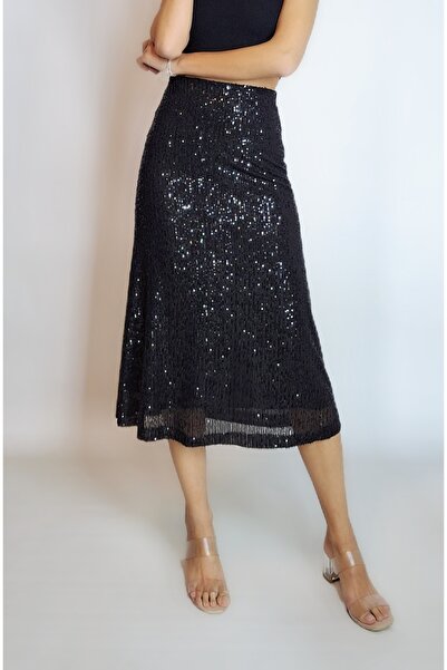 oyagüler Kadın Siyah Payet Astarlı Midi Boy Çan Etek YY101303