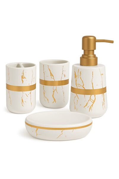 OEM Set accesorii baie din ceramica, 4 piese de lux, culoare - Alb cu Auriu