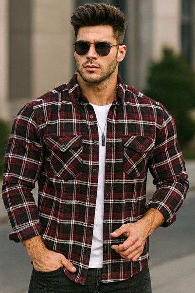 BİGAMTEKSTİL Erkek Çift Cepli Yakası Düğmeli Büyük Beden Oduncu Kışlık Gömlek