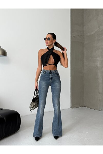 HerTon Yüksek Bel İspanyol Paça Açık Mavi Denim Kadın Pantolon