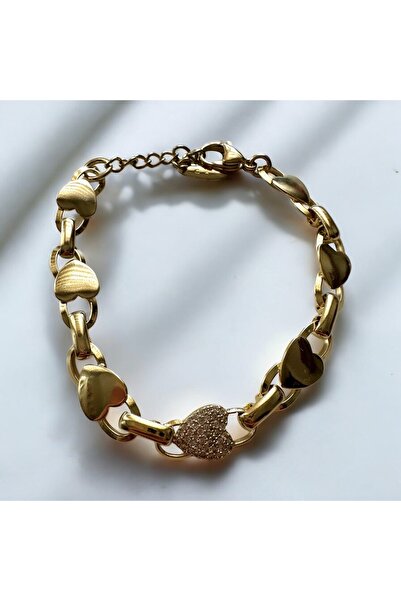 ALS Tasarım Dünyası Gold Color Steel Heart Interlocking Bracelet